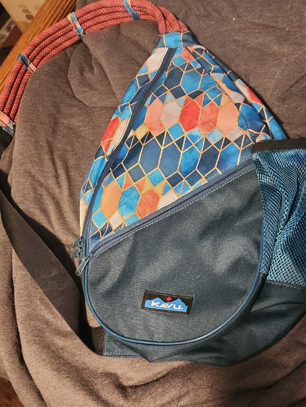 Kavu Blue Multicolor Geometric Sling Pack